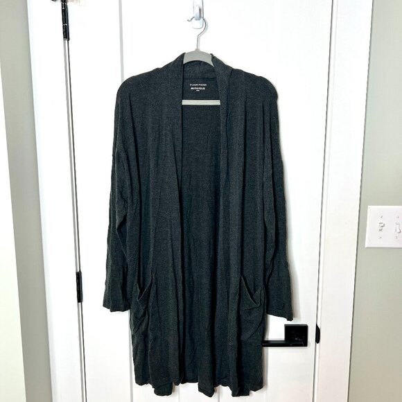 Eileen Fisher Dark Gray Long-Lined Jersey Tencel Lyocell Cardigan Pockets Medium - Picture 1 of 5